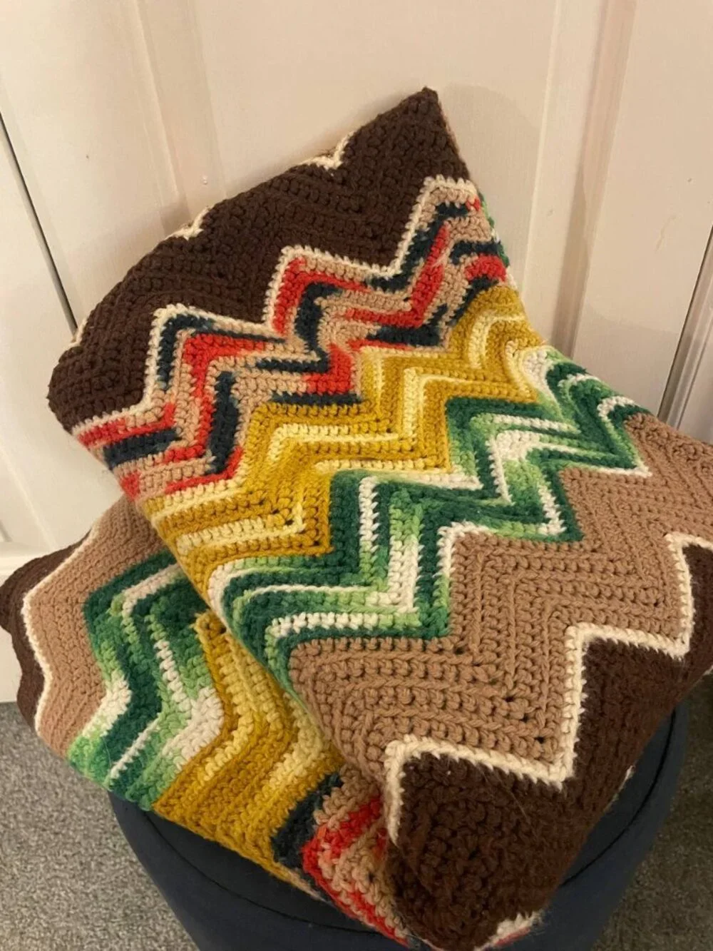 Handmade Vintage 70s Style Crochet Chevron Blanket - Boho Retro Earth Tones